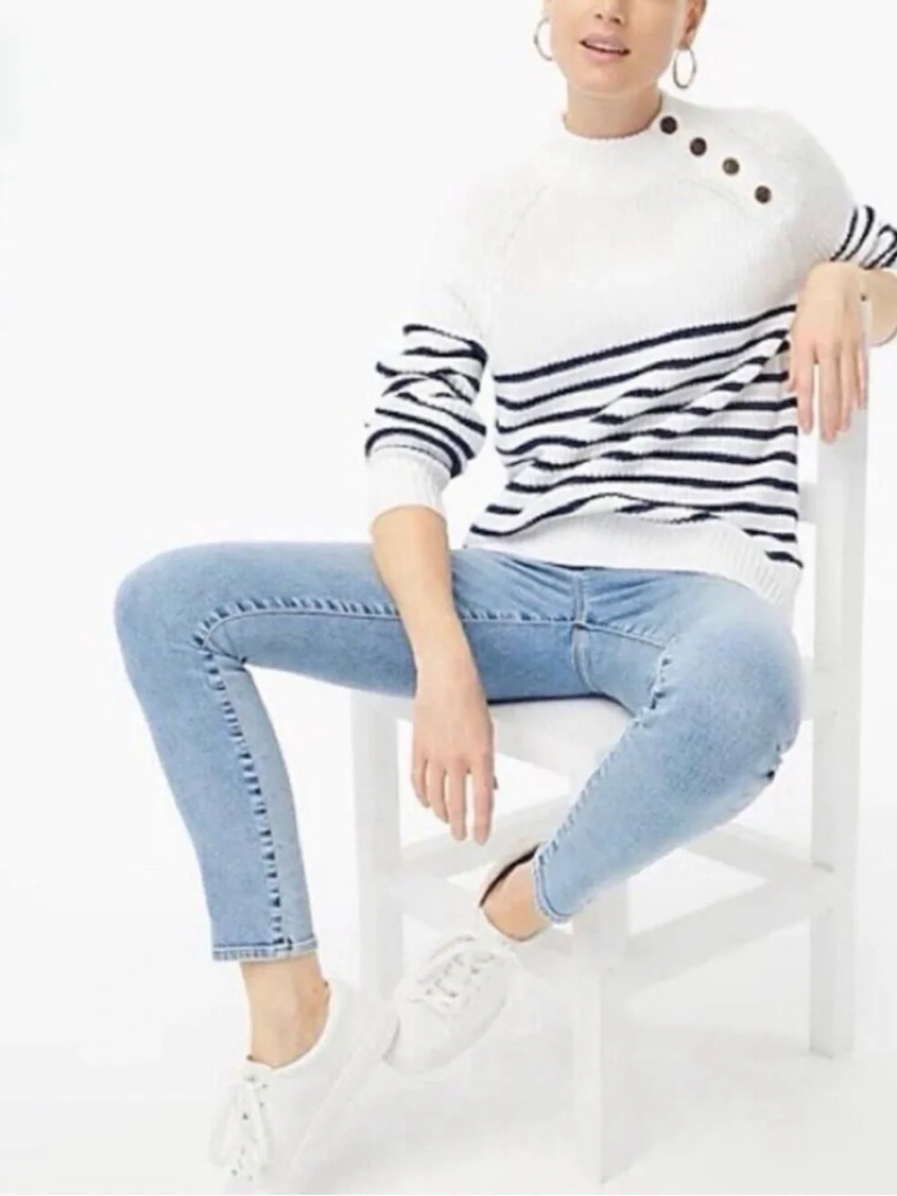 J. Crew Knit Cotton Sweater With Button Neck in White & Navy Stripe Size M